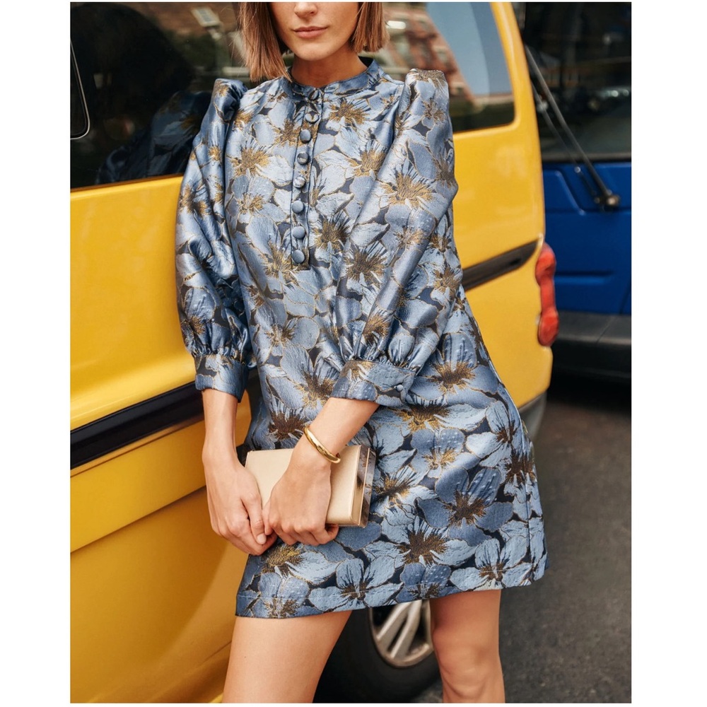 Tuckernuck Blue and Black Floral Jacquard Puff-Sleeve Shift Dress - Picture 8 of 13